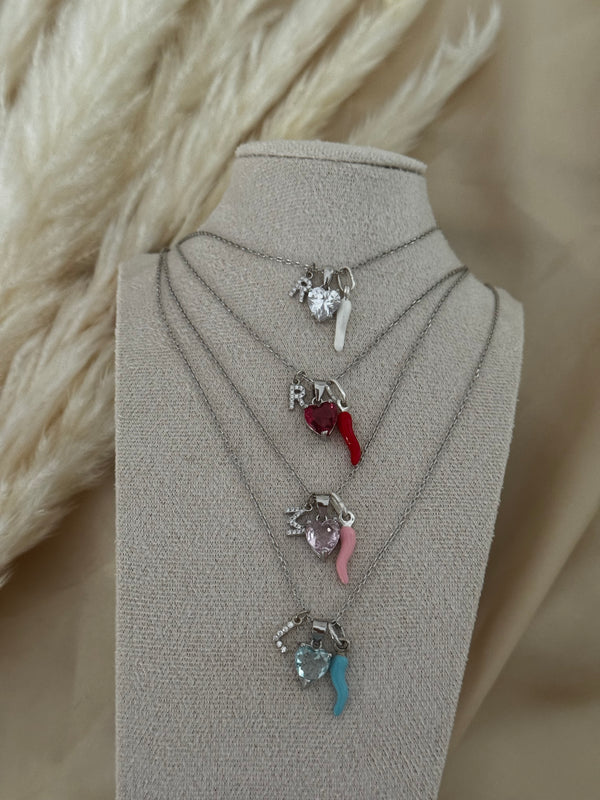 COLLANA INZIALE STRASS CUORE E CORNO